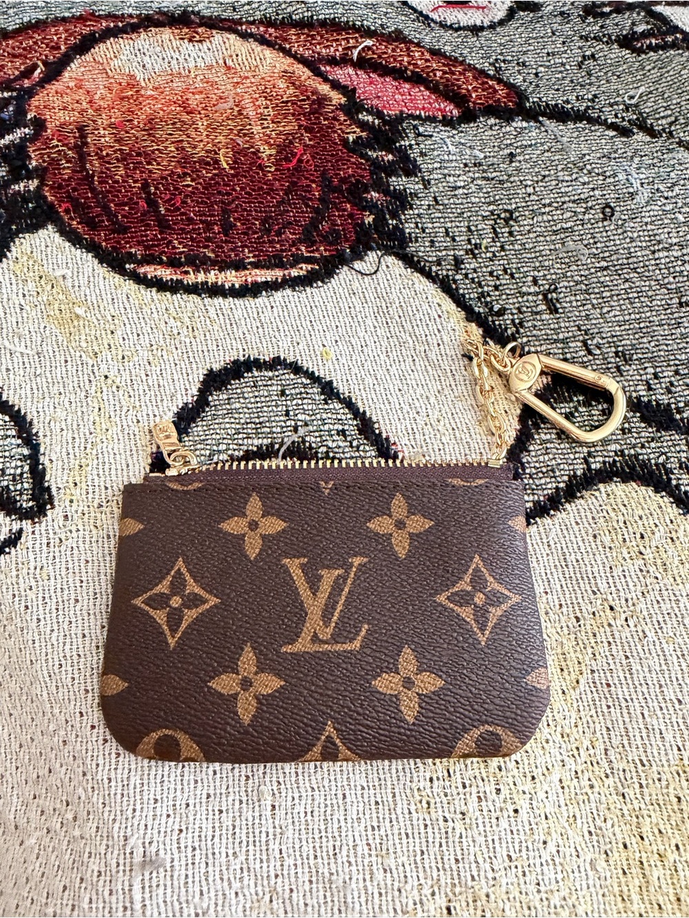 Designer-Style Brown Monogram Card Coin Pouch with Gold Key Chain